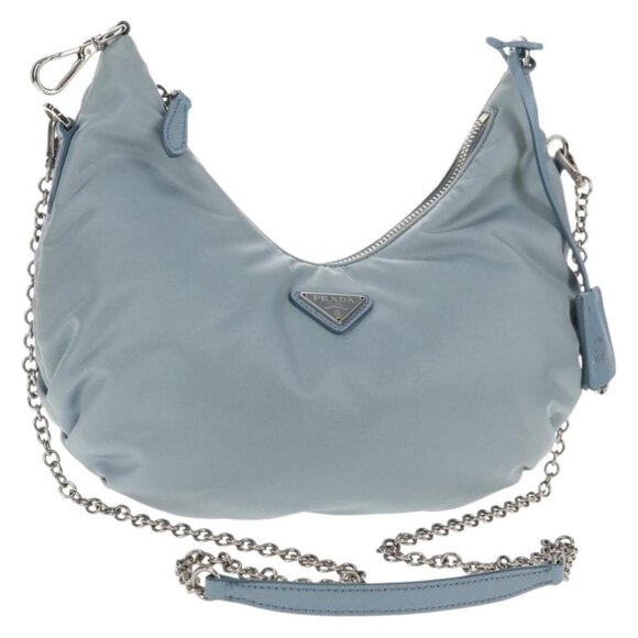 PRADA Chain Shoulder Bag Nylon Light Blue Silver Auth 145974M - Picture 1 of 16